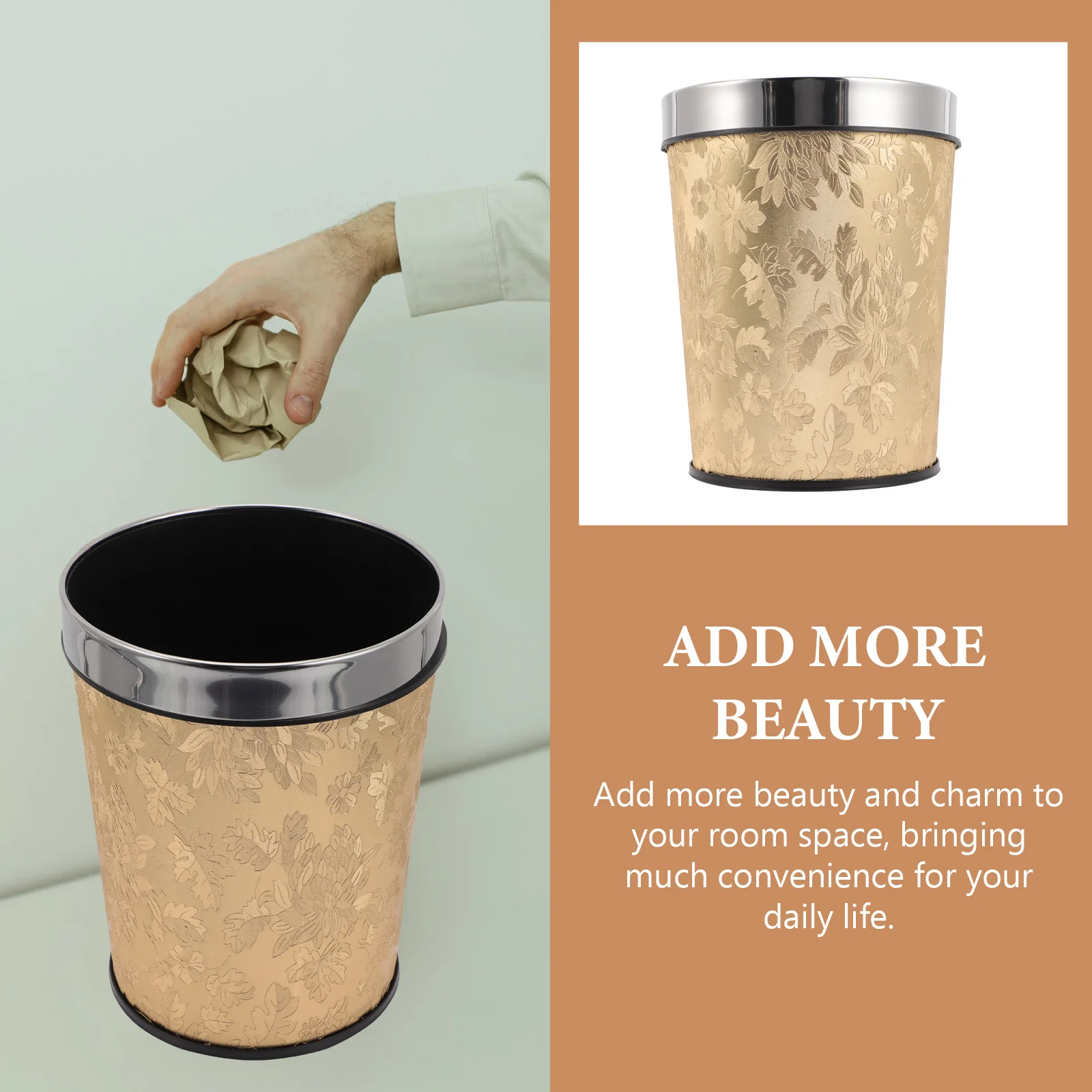 

Trendy Gold Household Waste Bucket Vintage Style Trash Can For Daily Convenience