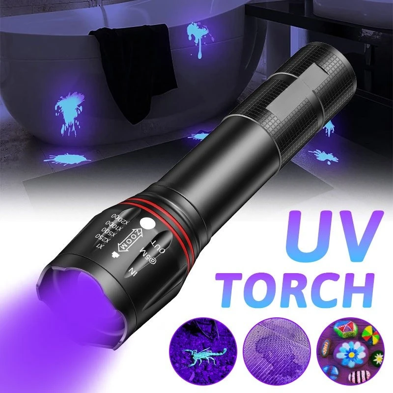 395nm LED UV Flashlight Rechargeable Zoomable Torch Light for Pet Urine Stain Detector Tools Lantern Money Fluorescer Detector