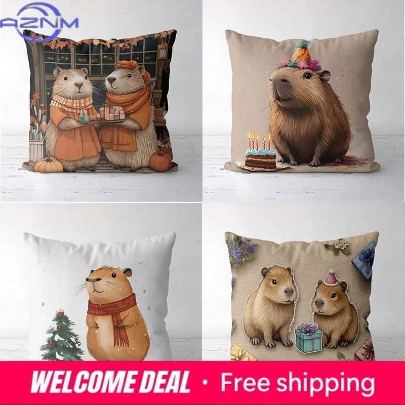 Capybara Cushions with Festive and Cute Designs Square polyester pillowcase, modern sofa decorative cushion cover