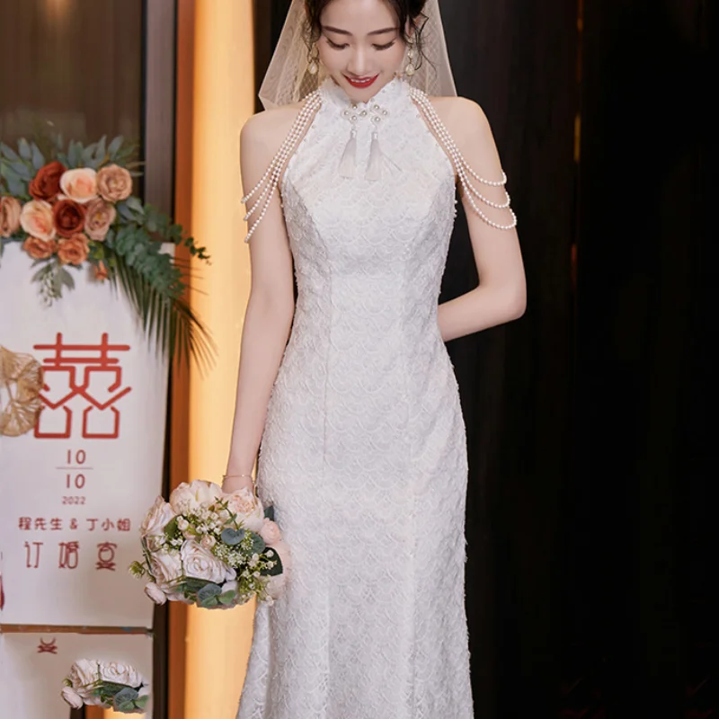 

New Chinese Style Qipao Lady Lace Cheongsam White Bridal Wedding Dress Elegant Mermaid Vestidos Plus Size 3Xl 4Xl Robe De Soiree