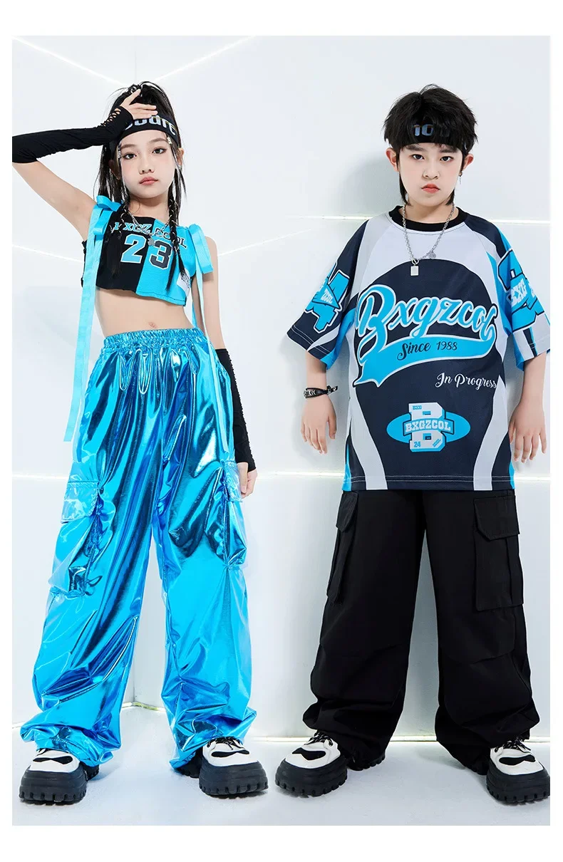 Neues, cooles, leuchtend blaues Street-Dance-Kostüm, Kinder-Jazz-Mode, Kleidung für Jungen und Mädchen, Hip-Hop-Oberteile in Oversize-Passform, Hosen, Outfit für Laufsteg-Shows. – Detail 6