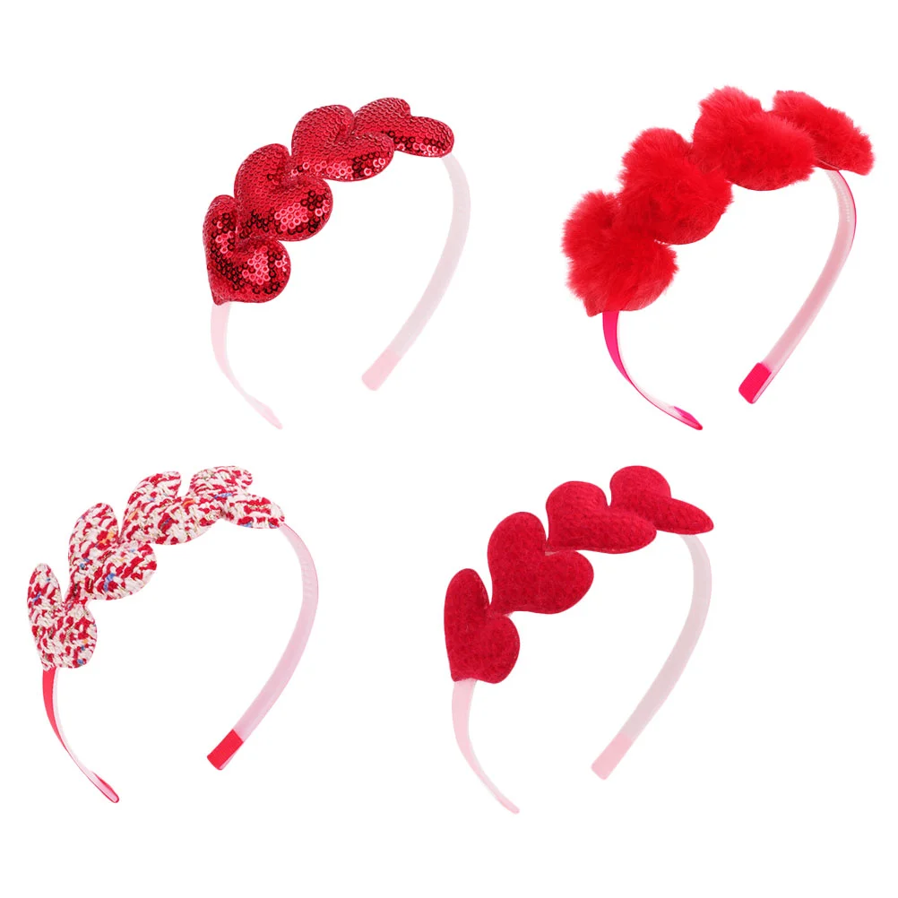 4 PCS Valentine's Day Headband Hairbands Lovely Party Headbands Stitching Heart-shaped Sponge Hoops Girls Miss