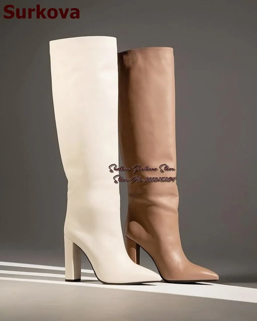 Surkova Nude White Matte Leather Chunky Heel Knee Boots Simple Model Pointed Toe Block Heels Tall Boots Fall Winter Dress Shos