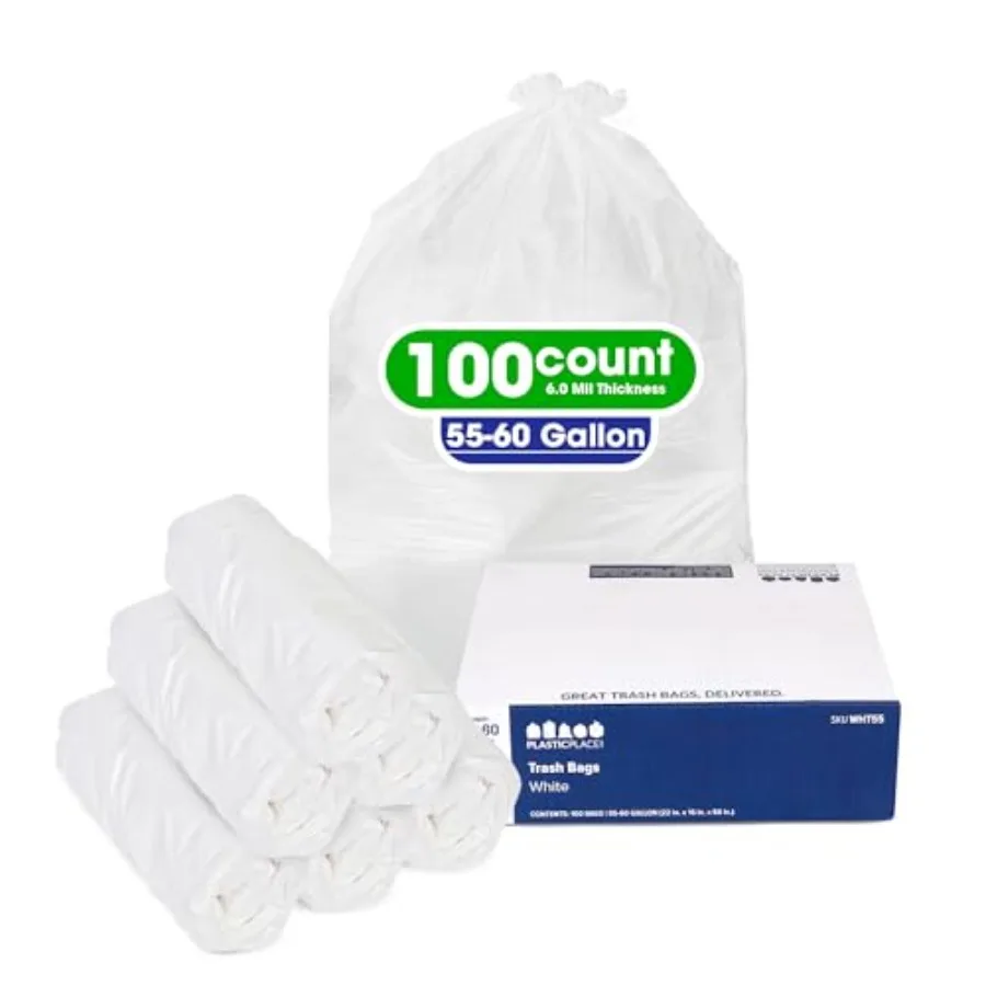 

55-60 Gallon Trash Bags │ 0.7 Mil │ White Heavy Duty Garbage Can Liners │ 38" x 58" 100 Count Pack of 1