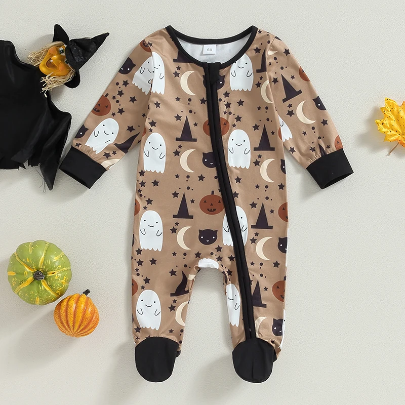 

Adorable Infant Halloween Costume with Spooky Ghost and Pumpkin Print Long Sleeve Zipper Romper for Baby Boy or Girl