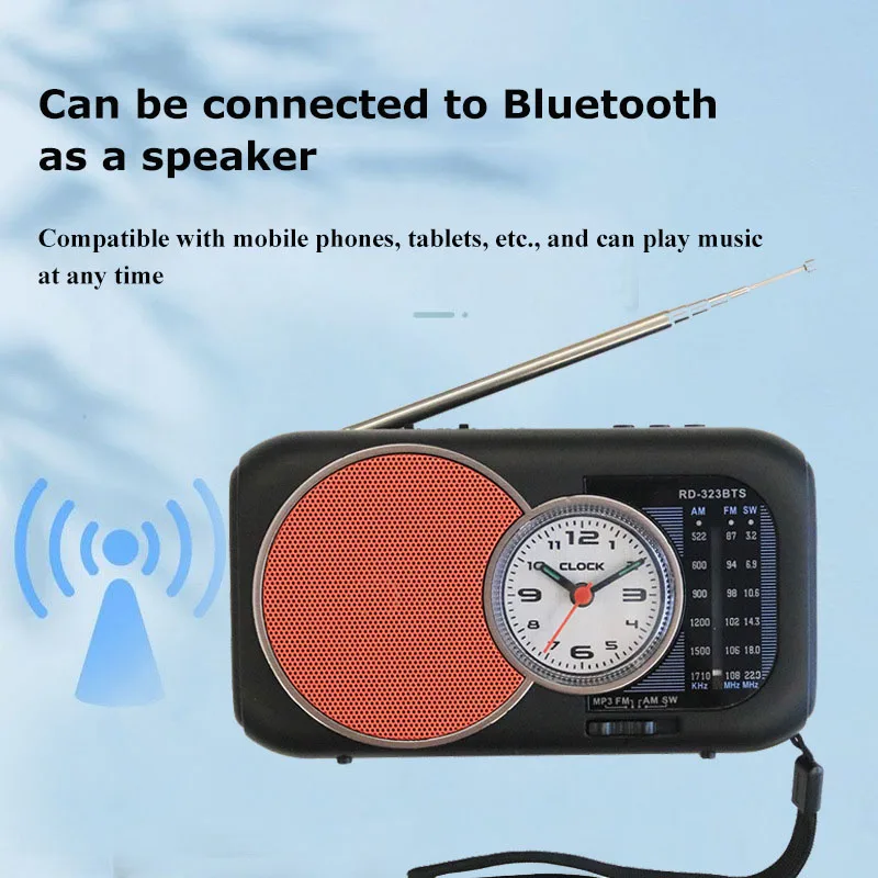 Mini Portable FM AM SW Radio Solar Charging Emergency Radios Receiver Wilress Bluetooth Speaker with Clock Support U Disk TF Car