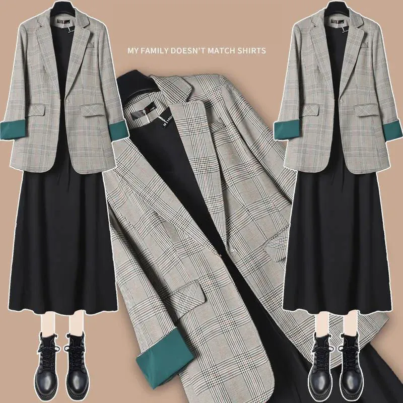 Women Spring Fall Plaid Suit Jacket Floral Dress Two-piece 2024 New Elegant Blazers Black Midi Skirt Set Korean Profession Wear