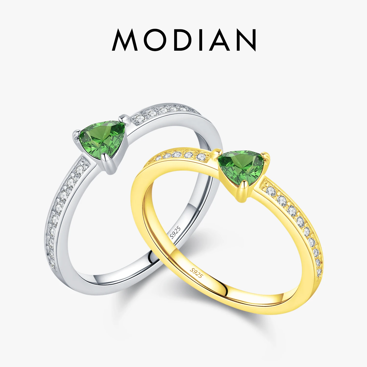 MODIAN 925 Sterling Silver Triangle Green CZ Stackable Finger Rings Platinum Plated Trendy Party Jewelry For Women Gifts