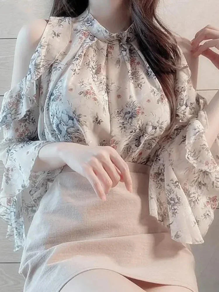 Women's Sweet Fragmented Chiffon Shirt French Summer Off Shoulder One Shoulder Top New Fashionable Elegant Women Chiffon Shirt