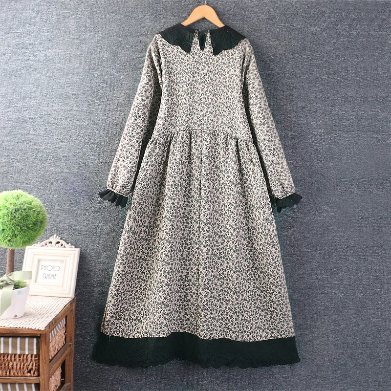 Autumn Women's Japanese Mori Girl Vintage Floral Print Dress Peter Pan Collar Long Sleeve Casual Loose Cotton Linen Midi Dresses