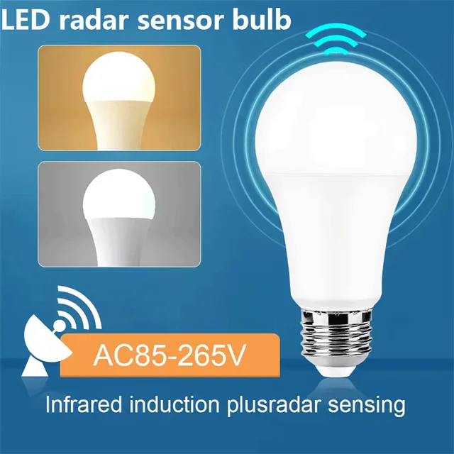 4 SZTUK 20W 18W 15W 12W 9W 6WLampada LED E27 Radarowy czujnik ruchu Żarówka 189-265V Wykrywanie podczerwieni Inteligentna lampa Robocza w nocy