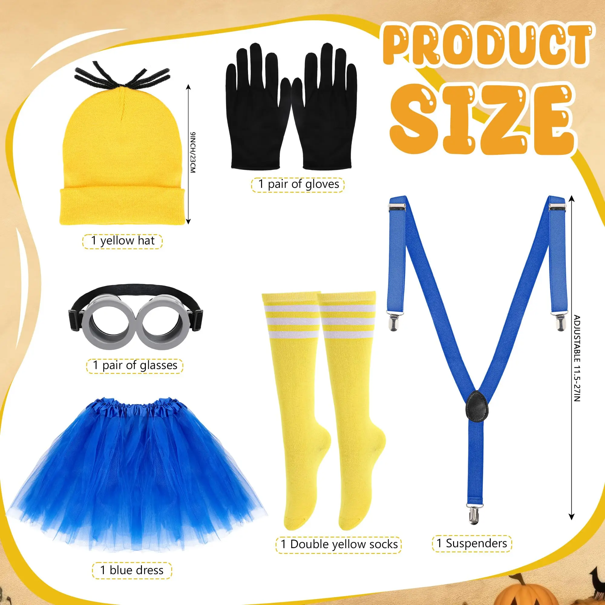 Halloween Kostüm Erwachsene Gelbe Beanie Hüte Handschuhe Steampunk Brille Brille Rock Hosenträger Socken Für Mädchen Jungen Cosplay Set