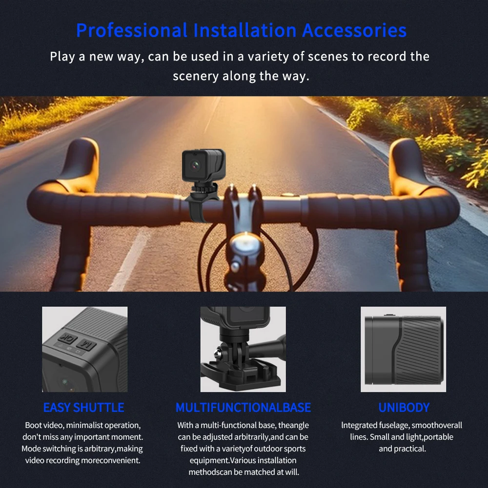 Bike Camera Support 256GB Card 1080P Handlebar Bike Camera 120 Degree Wide Angle Anti Shake Loop Recording Compact for Cycling