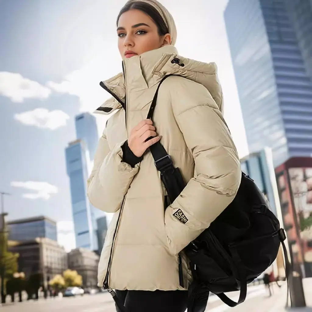 

Winter Korean Style Women's Hooded Cotton-Padded Coat Stand Collar Inner Strap Casual Fashion down Jacket