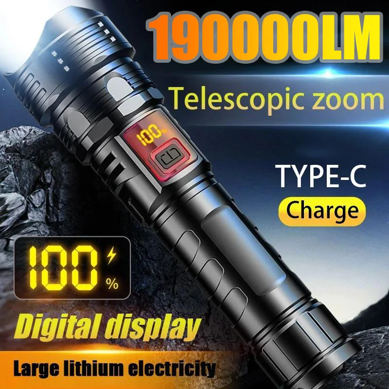 190000 Super Bright White Laser Flashlight 1000M Zoom Type-C Rechargeable Torch Outdoor Work Camping Lantern built-in battery