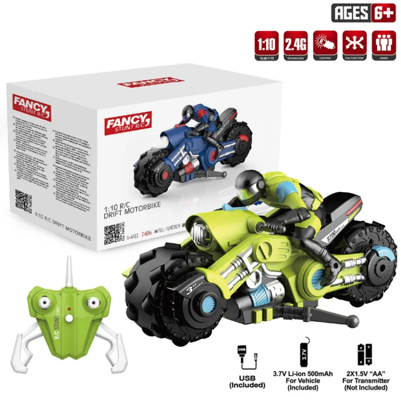 Motor de cepillo alimentado 1:10 RC motocicleta acrobática 2,4G vehículo de deriva de carreras de alta velocidad con luces de juguete para niños