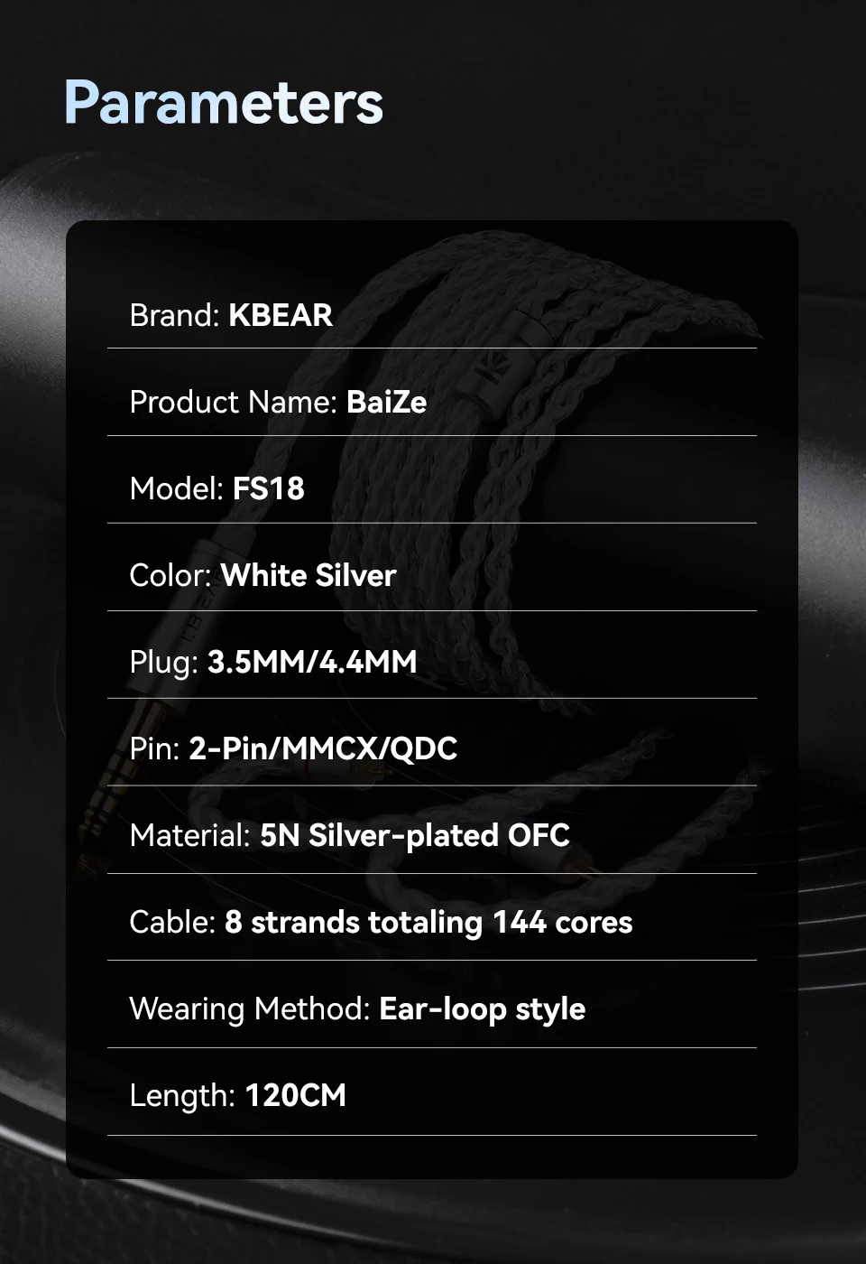 KBEAR BaiZe 8-adriges, hochreines, versilbertes OFC IEM-Kabel, austauschbares, symmetrisches 3,5/4,4mm QDC Kopfhörerkabel für KZ ZS12 Pro X – Detail 11