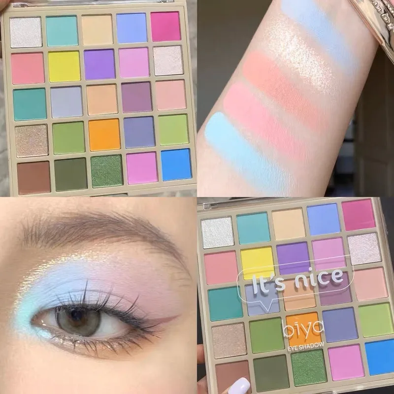 Biya Eyeshadow Macaron 25 Colors Palette Blue Pink Stage Makeup Glitter Pearl Orange Brown Earth Tone