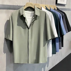 2024 Summer Thin Light Green Casual Fashion Short-sleeved Shirt Male Anti Wrinkle No Iron Loose Button Pocket Men's Shirt Top