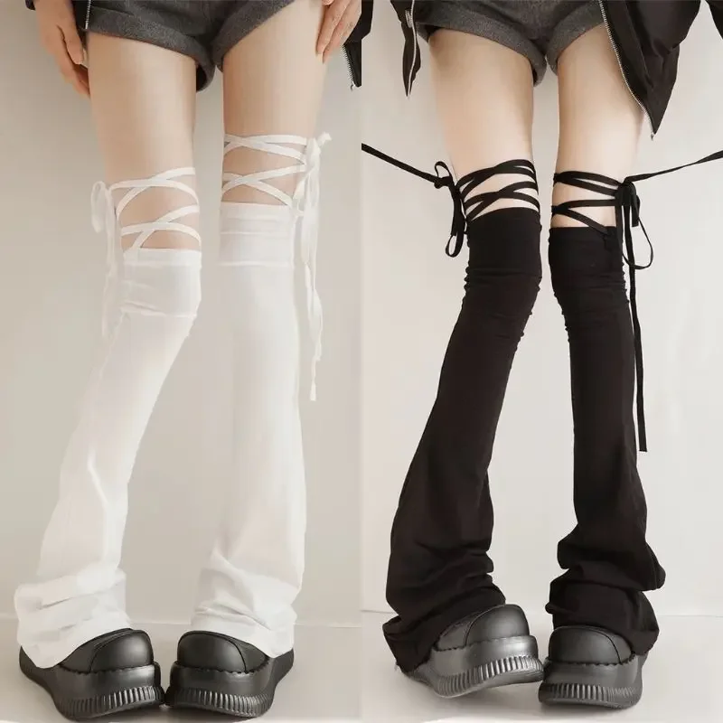 Y2K Harajuku Leg Stockings Black White Grey Gothic Lolita Over Knee High Sock Lolita Over Knee Leg Cuffs Punk Lolita Flared Sock