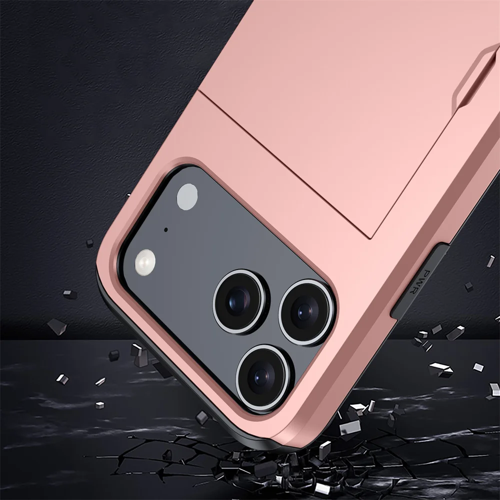 Robuste Handyhülle für iPhone 18 17 16 Plus 15 Pro 15 14 13 12 11 Pro Max mit Brieftaschen-Kartenhalter und Schiebeverschluss aus hartem PC-Schutzmaterial – Detail 17
