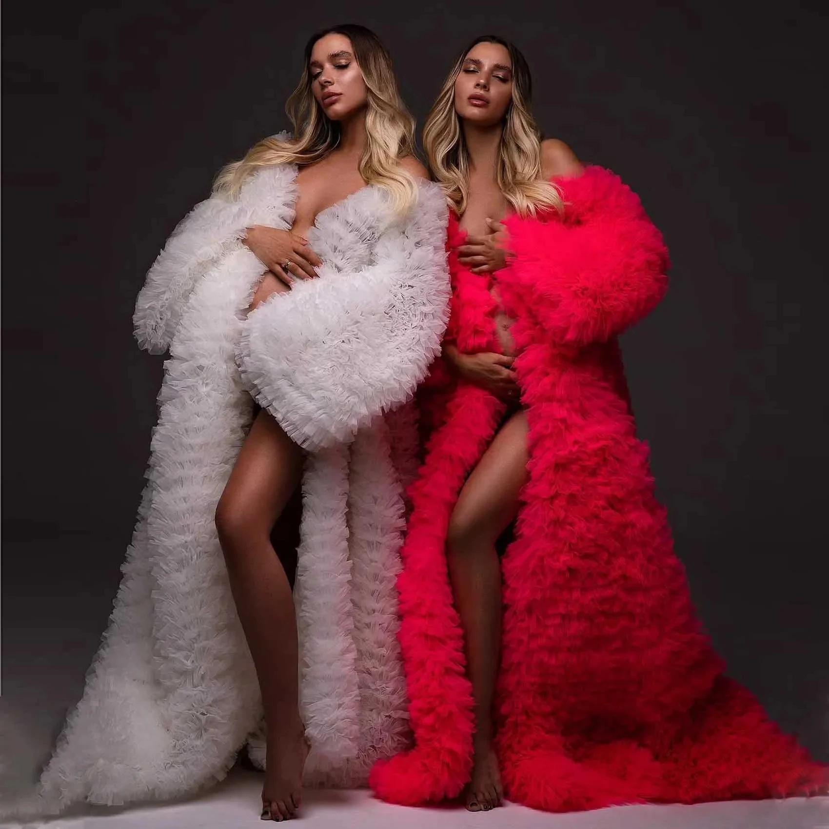 Servizio fotografico Nuovo abito premaman con maniche Abiti da festa da ballo Soffici giacche premaman in tulle su misura da donna con volant a strati