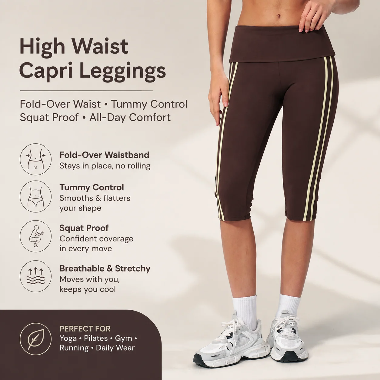 Women's High Waist Fold-Over Side Stripe Capri Leggings Tummy Control Cropped Yoga Pants with Anti-Roll Waistband Squat Proof Wo