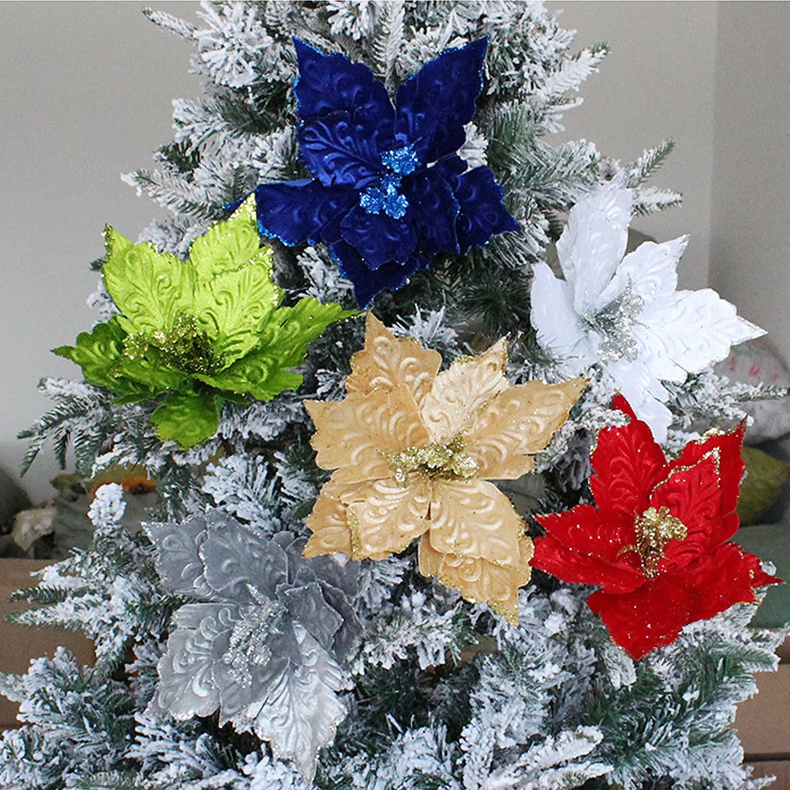 Artificial Flowers Fake Floral Poinsettia Garden DIY Plastic Velvet Wreath Accessories Home Festival Christmas Tree Decoration