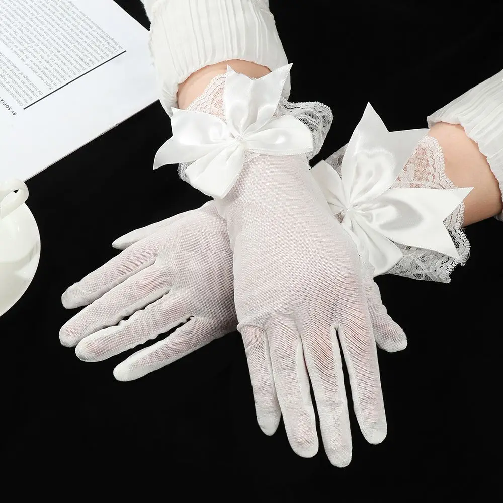 Fashion Bride Bow Lace Chiffon Gloves Women White Gloves Sunscreen Driving Gloves Marriage Party Accessories