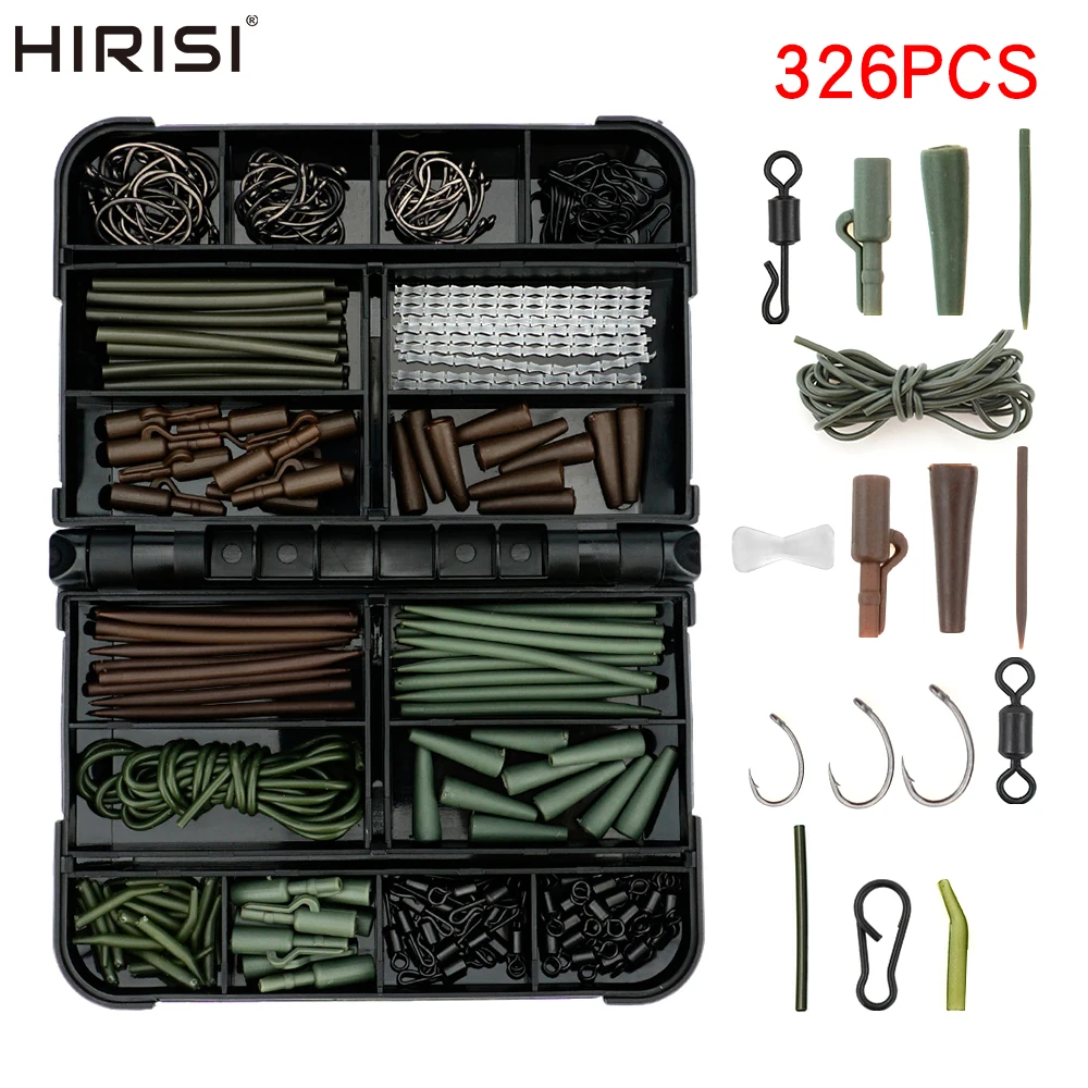 

Hirisi, 326 шт., комплект снастей для ловли карпа в коробке, рыболовные защелки, быстросменные вертлюги, безопасные зажимы для свинца, резиновый рукав с защитой от запутывания