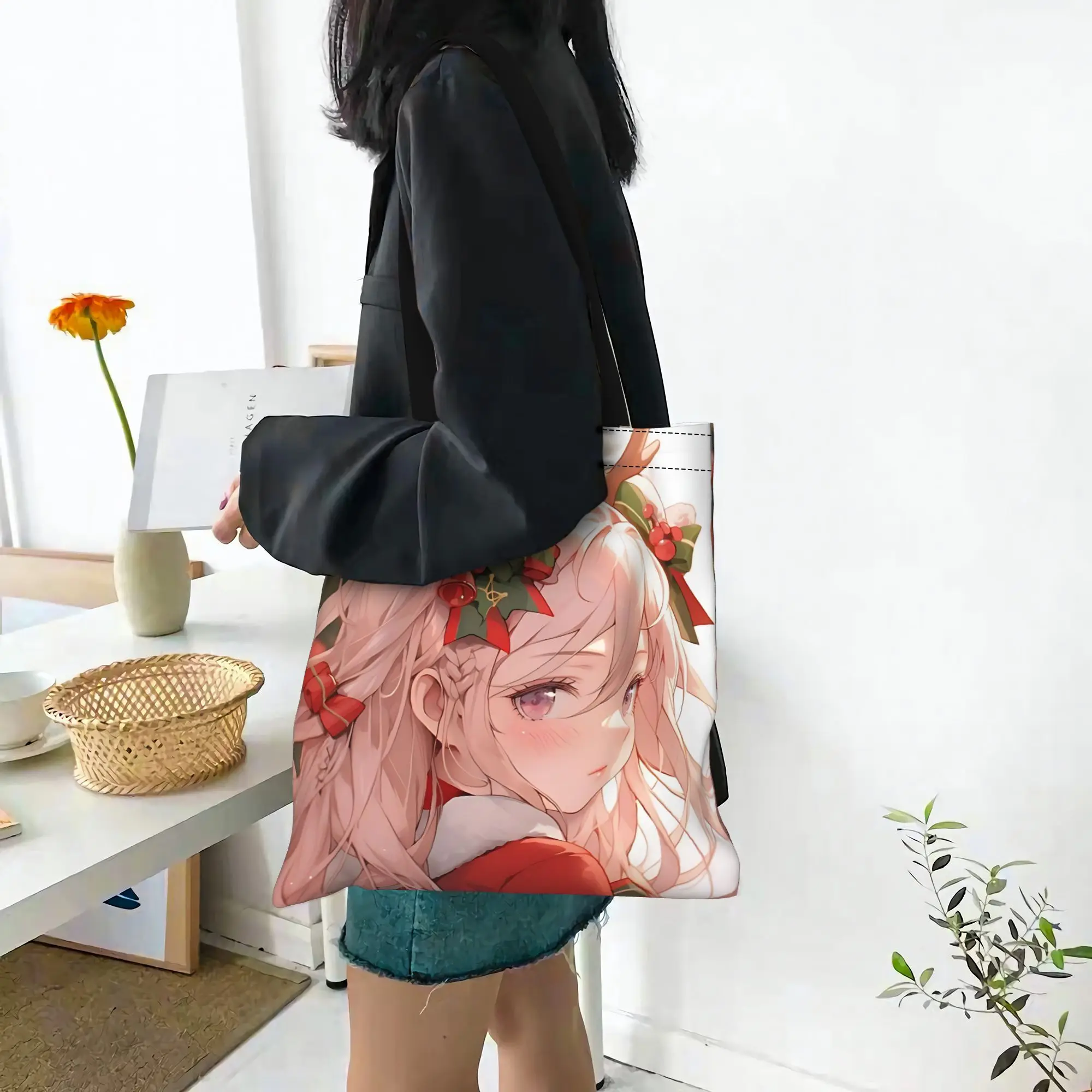Customized Anime Girl Reindeer Horn Print Women's Bag Shopping Bag Reusable Double Sided Canvas Tote Bag Shoulder  Handbag