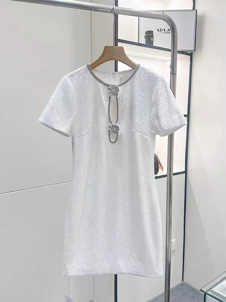 Fashion Floral Buttons Dress women Chic Sequins Beaded Round Neck Slim Short Sleeve Female 2024 New Mini Robe