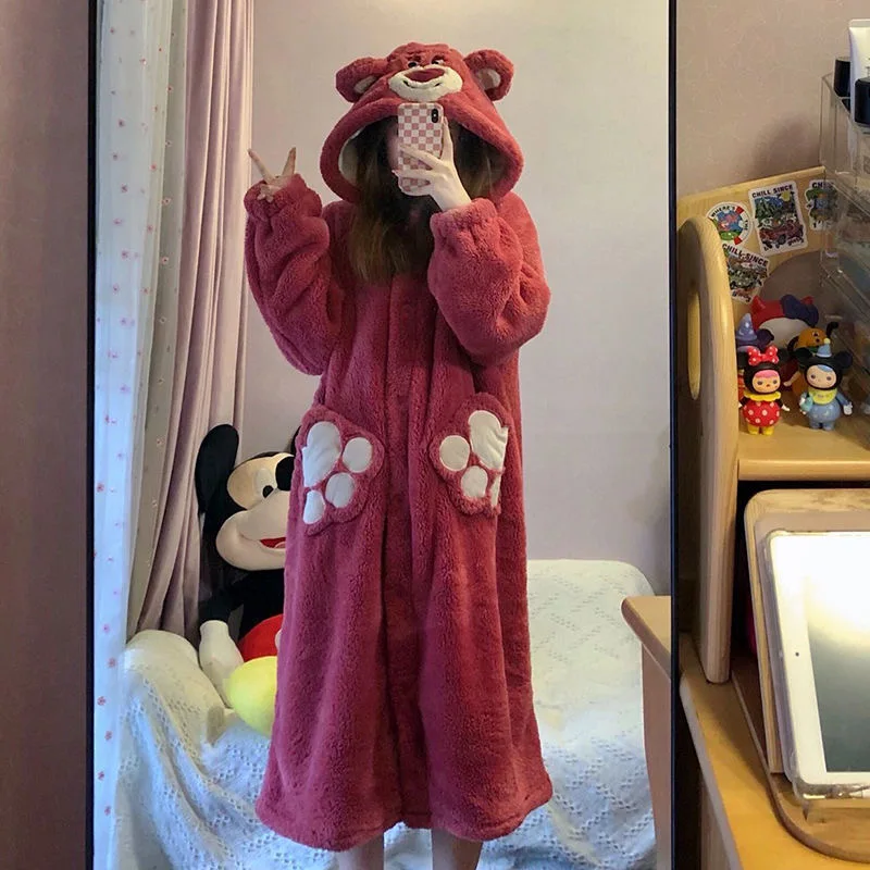 Kawaii Disney Lotso Cartoon Nightgown Coral Velvet Women Top Pajama Plush Soft Robe Hooded Cardigan Nightdress Home Clothes Warm