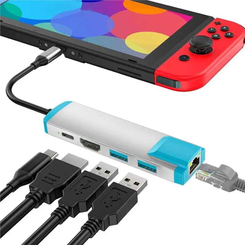 Station d'accueil USB-C 6-en-1 pour Switch 2 - Adaptateur HD/Type C, USB 3.0, prise en charge LAN 1000M pour sortie 4K@60Hz