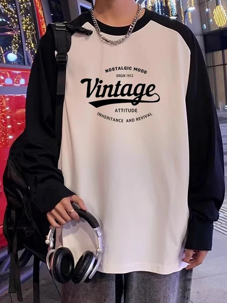 قميص رجالي بأكمام طويلة من القطن الخالص بتصميم فضفاض لفصلي الربيع والخريف، قميص أساسي جديد بألوان متباينة وطباعة على الكتف من... #1