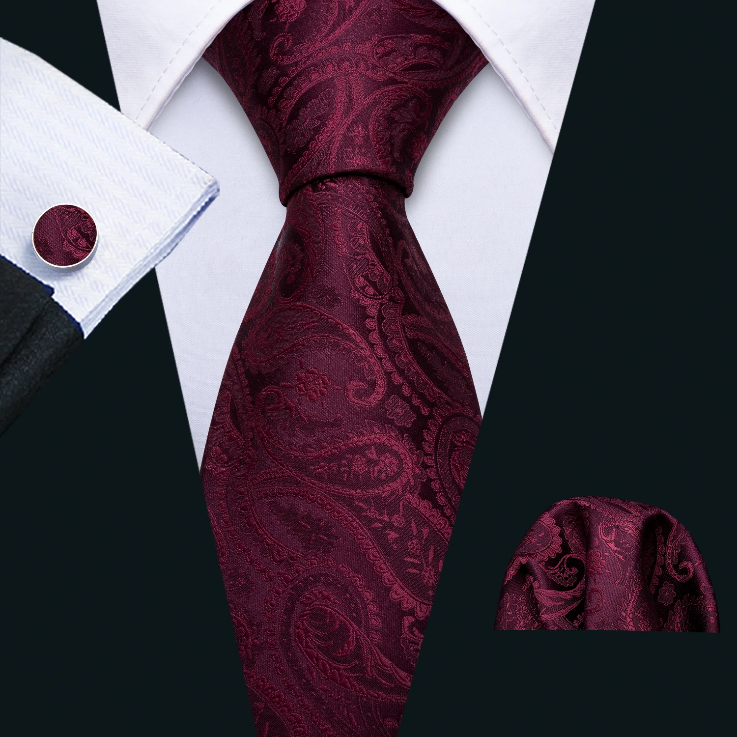 Corbata de diseñador para hombre, corbata de Jacquard, conjunto de gemelos cuadrados de bolsillo, Paisley granate burdeos para hombre, regalo de fiesta de negocios de boda