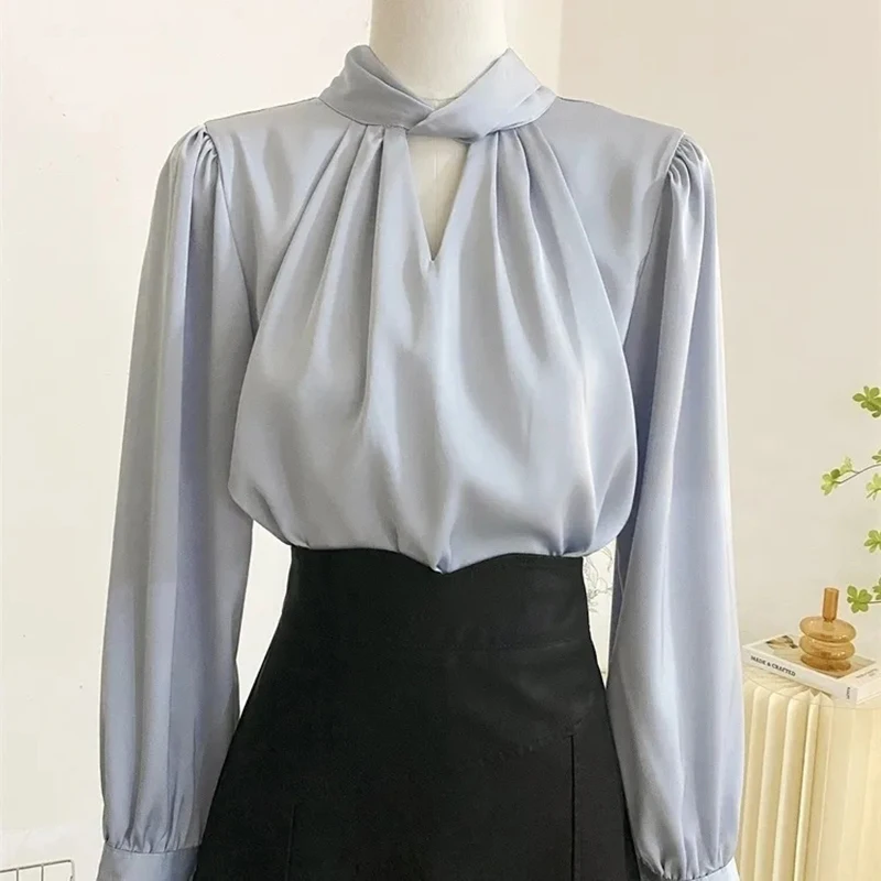 

French Elegant Shirts Women Autumn Winter Vintage Office Lady Bottoming Blouse Long Sleeve V Neck Bandage Solid Simple New Tops