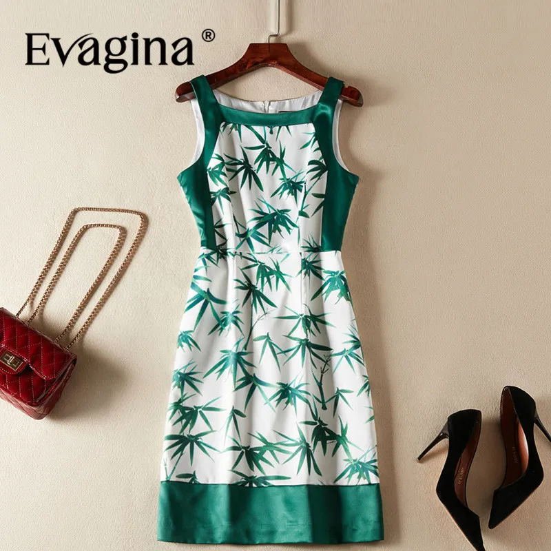 

Evagina New Fashion Runway Designer Dress Women's Square-Neck Sleeveless Bamboo leaves Print Spaghetti Strap Mini Dress