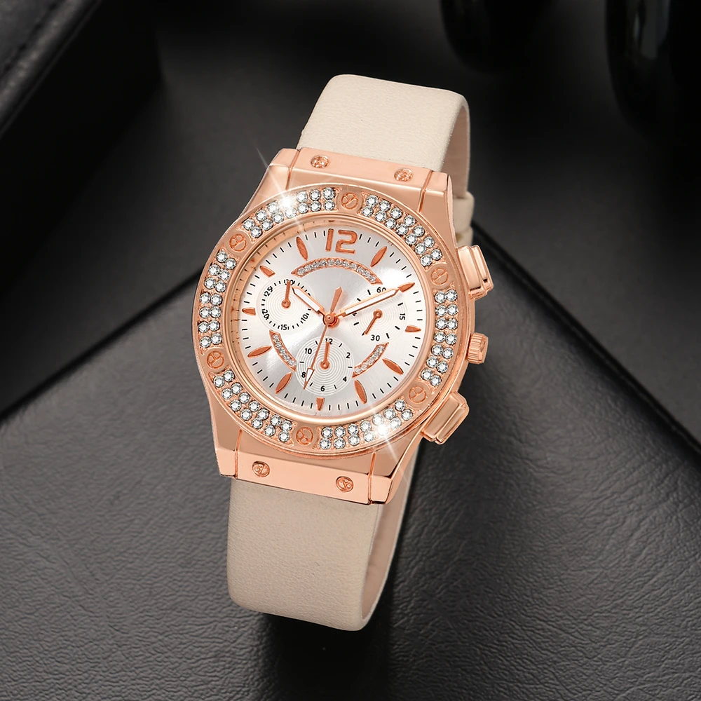 Beige 2PCS/Set Women Watch Sun Pattern Elements Dial Quartz Wristwatch PU Leather Strap Watch Jewelry Set Gift For Women