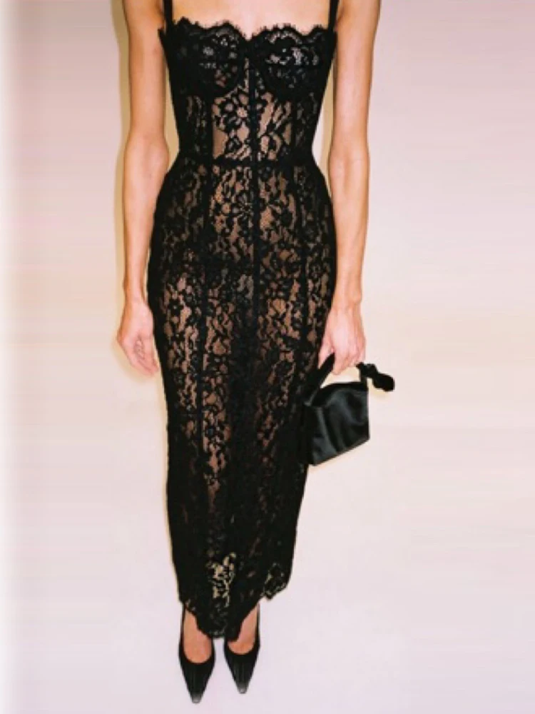 Sexy Spaghetti Strap V Neck Lace Long Dress Women Black Floral Lace Sleeveless Bodycon Dresses Elegant Evening Celebrity Party