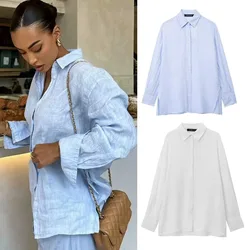 Blue Linen Women Shirt Plus Size Button Lady Blouse New In 2024 Spring Summer Fashion Casual Elegant Office Women Clothing