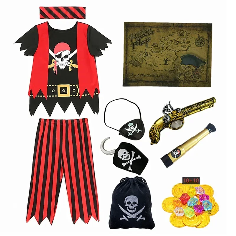 Boys Pirate Costumes Kids Pirate Toys Costumes Captain Jack Striped Dress Up Costume with Pirate Toys Halloween Dress Up