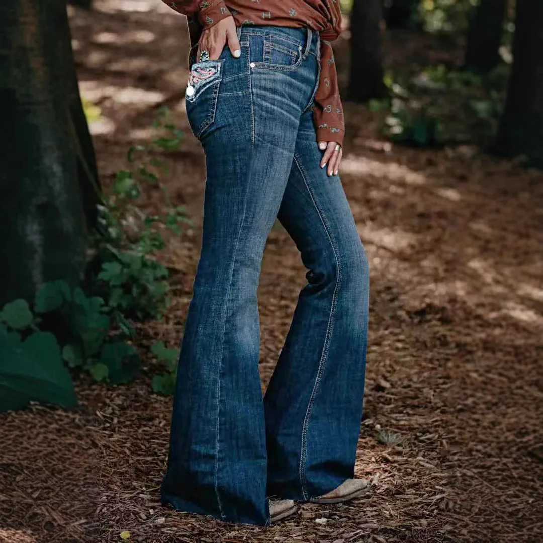 Women's Dark Blue Solid Color Slim Floor Length Simple Casual Flared Denim Trousers European American Fashion Female Jeans Pants