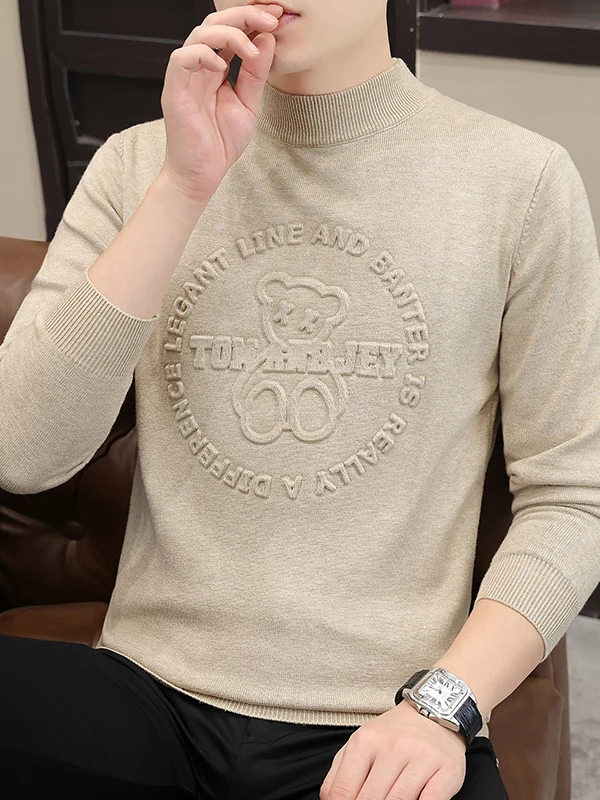 

Sli Men's Knitted Sweater f High Collar Slim Fit mid Ne Autumn Winter New Faion Korean Version White Attractive