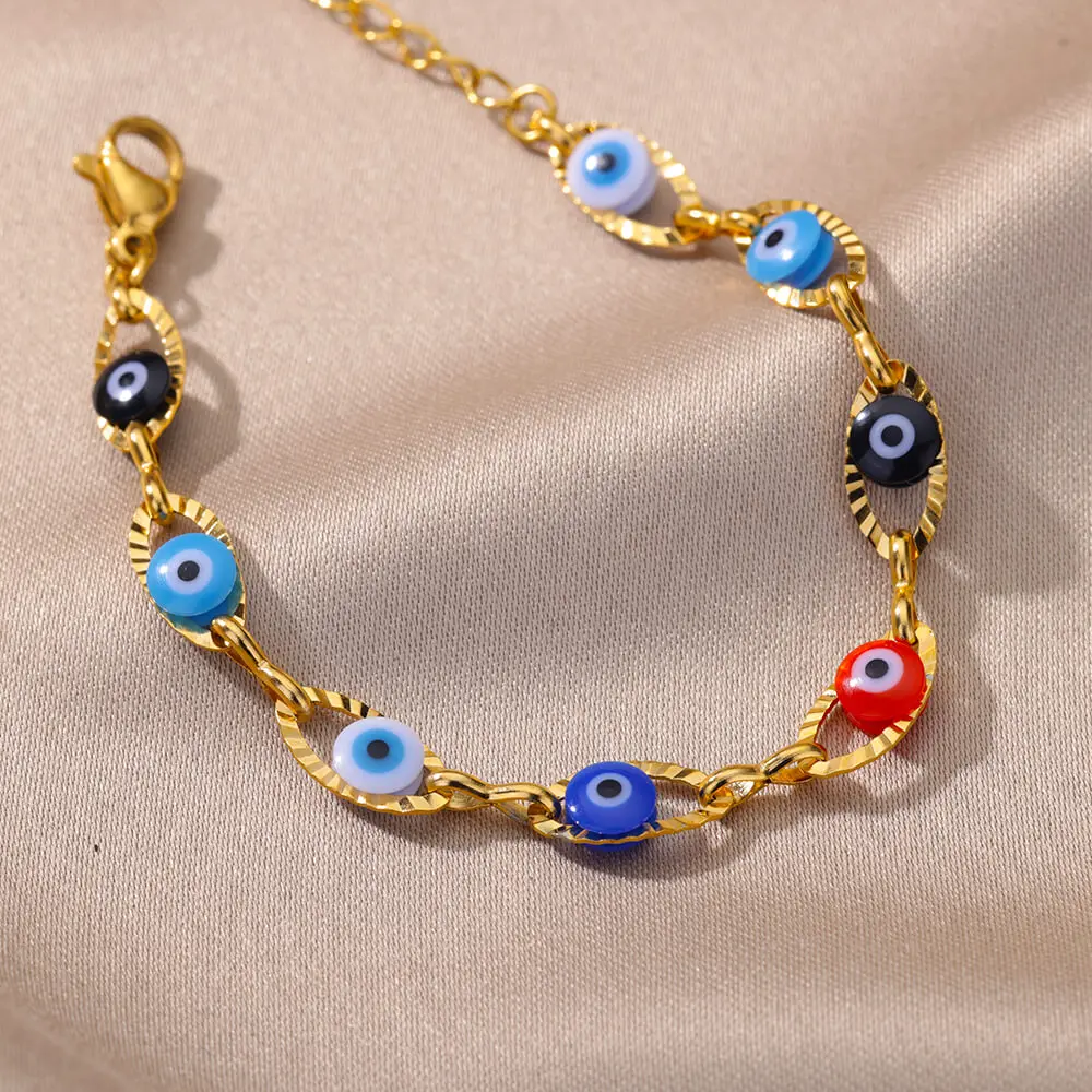 Vintage-Armband mit dem Symbol des bösen Blicks, für Damen, goldfarben, aus Edelstahl, mit Gliederkette, als Schutzamulett, Glücksbringer, Schmuckstück, Geschenk für Partys. – Detail 2