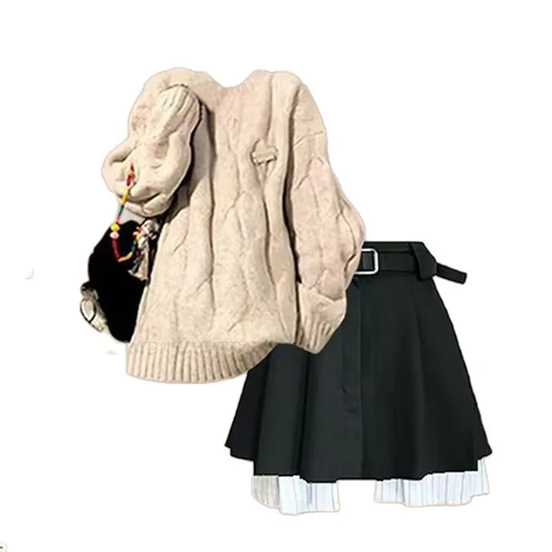 

Autumn Gentle Style Set Women's Knitted Sweater Paired with High Waisted Temperament Slimming Short Skirt Two-piece Setdress Set