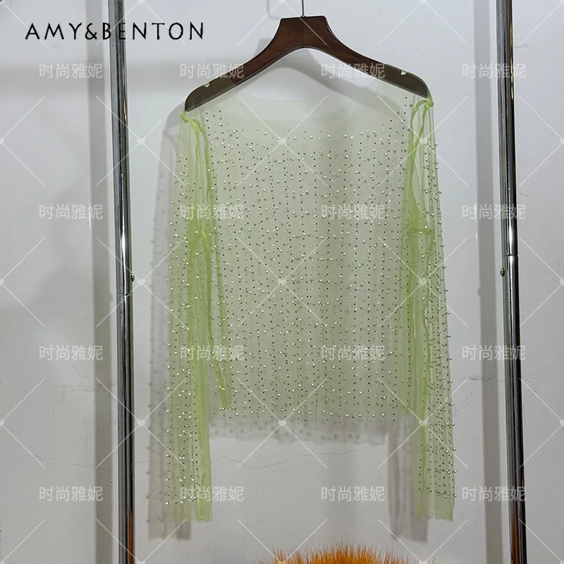 

Luxury Rhinestone Pearl Beaded One Shoulder Blouse New Women's Sheer Mesh Slim Fit Layering Top Chic Elegant Long-sleeves Shirt