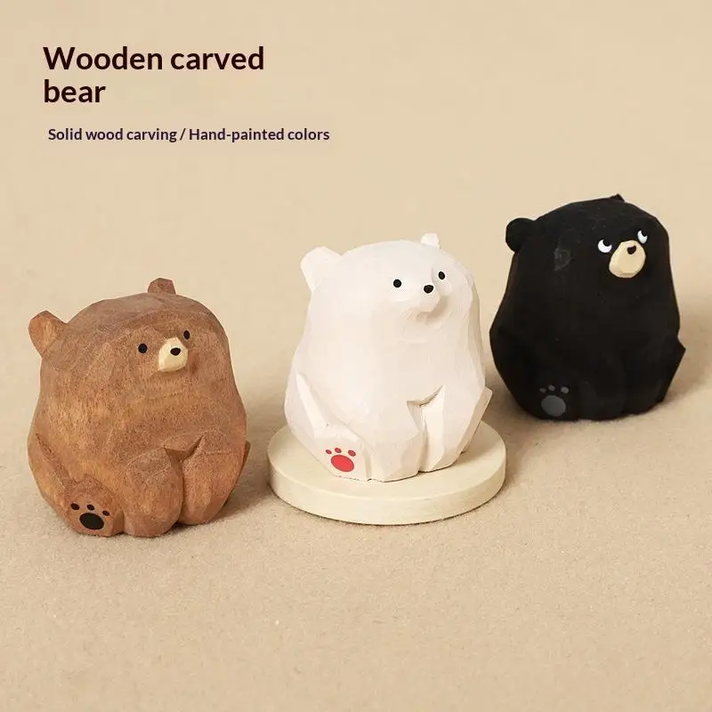 Hand Carved Wooden Bear Figurines 3 Colors Cute Design Perfect For Home Desk Decor Gifts For Animal Lovers