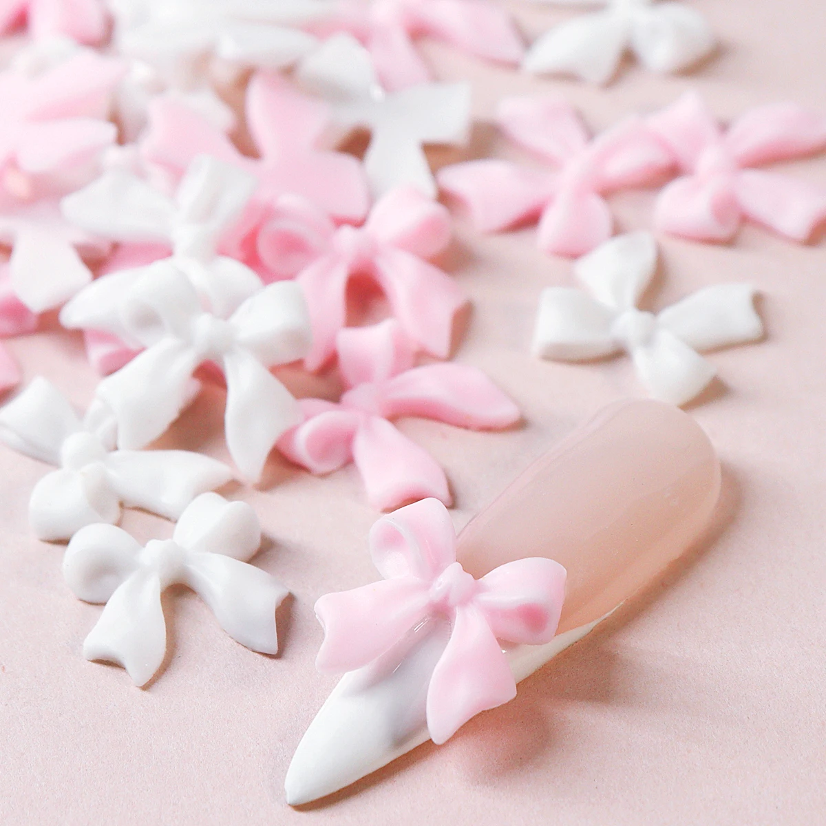 50 Pcs Kawaii Bow Nail Charms Korean Manicure Design Decorations White Beige Pink Resin Rhinestone Nail Art Supplies Parts