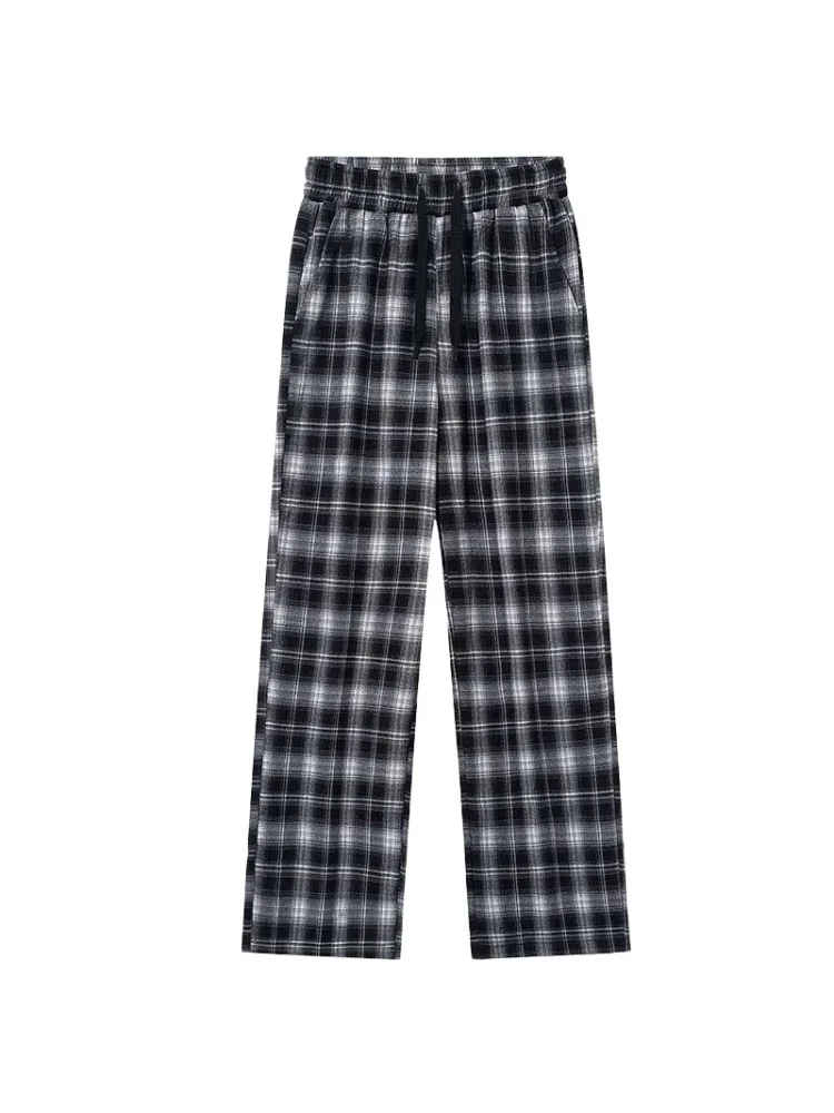 

American Lazy Loose Fit Plaid Straight Leg Belted Versatile Sweatpants Men's Four Seasons Loose Casual Long Pants Couples